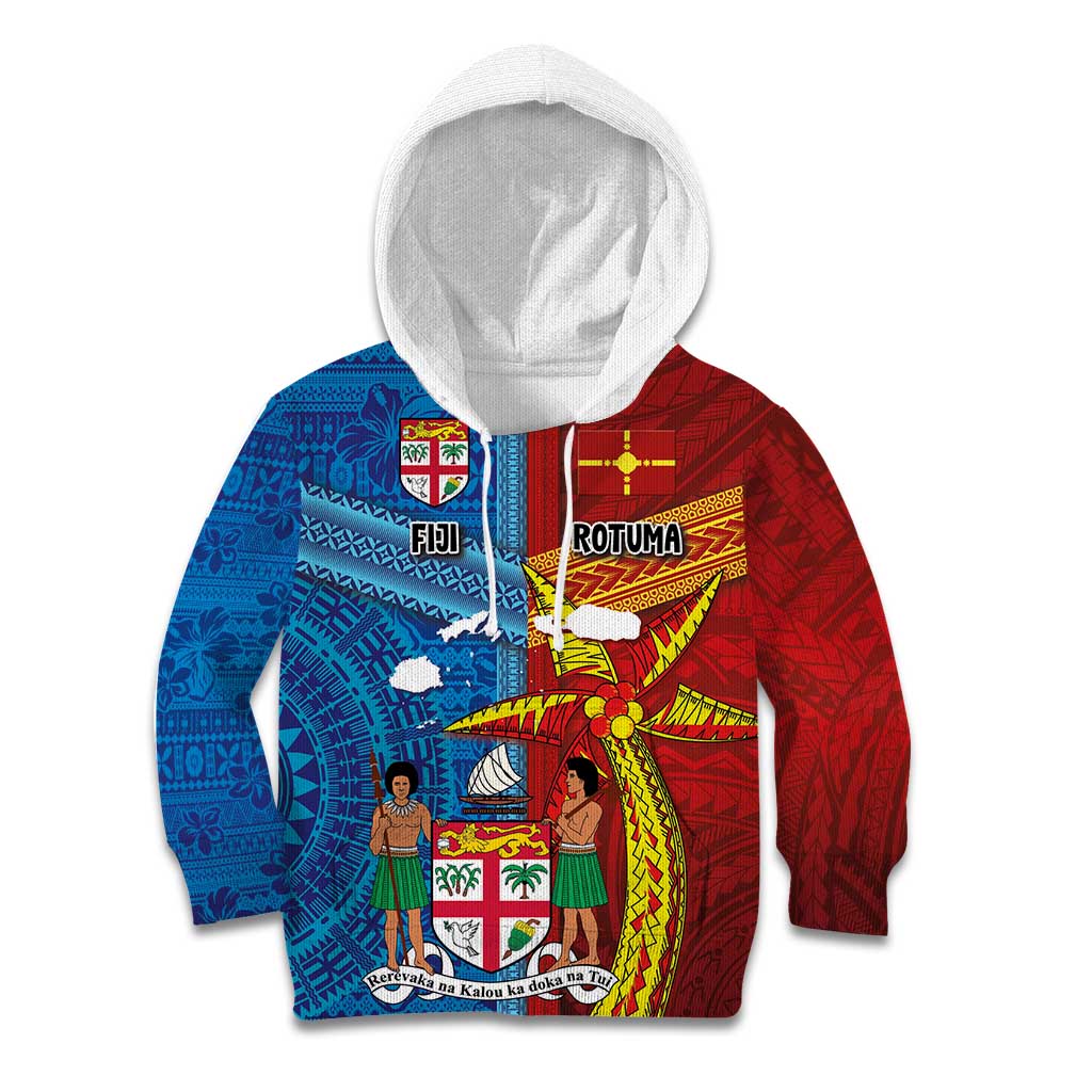 Personalised Fiji and Rotuma Together Kid Hoodie Tapa and Pacific Art Pattern with Cultural Emblems Half Style