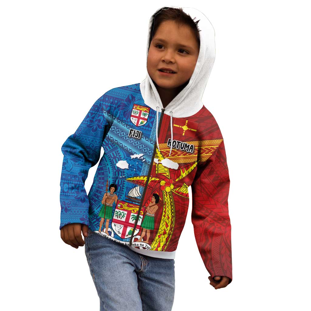 Personalised Fiji and Rotuma Together Kid Hoodie Tapa and Pacific Art Pattern with Cultural Emblems Half Style