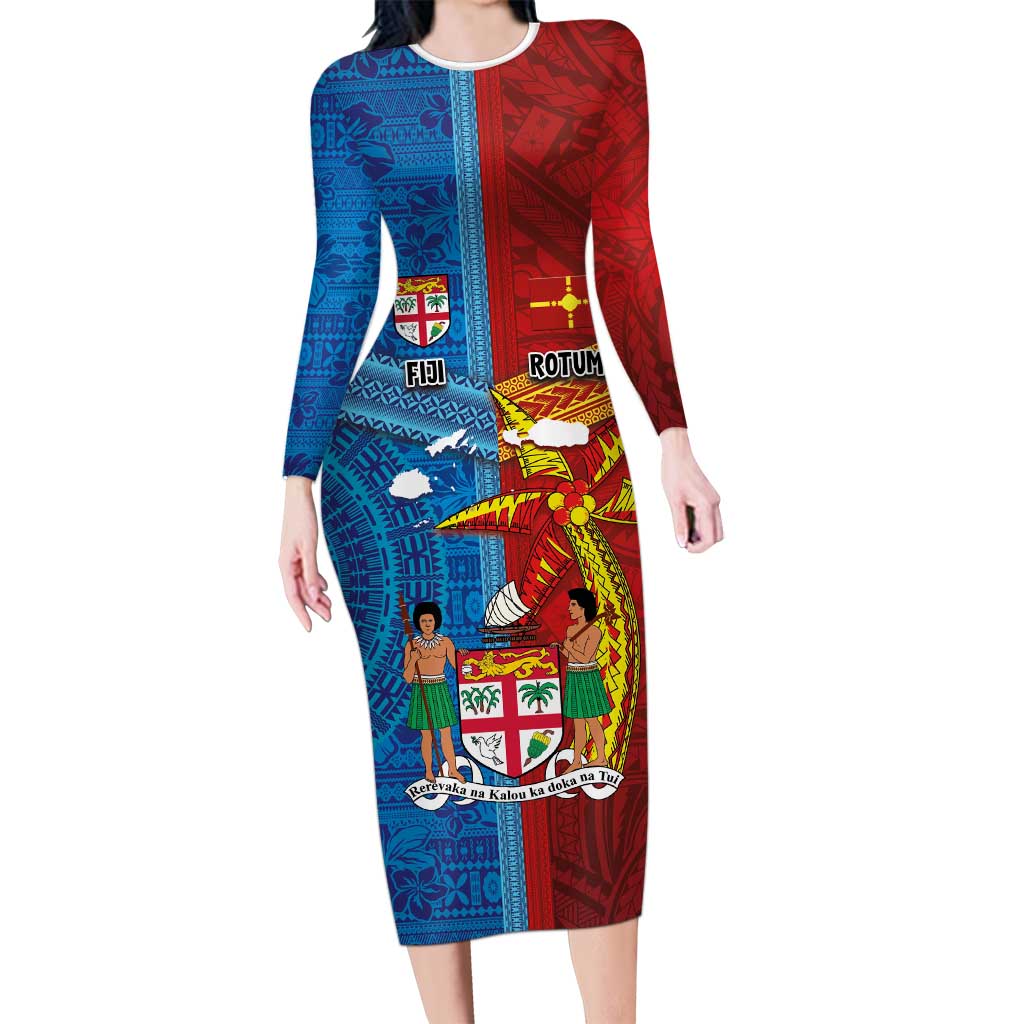 Personalised Fiji and Rotuma Together Long Sleeve Bodycon Dress Tapa and Pacific Art Pattern with Cultural Emblems Half Style
