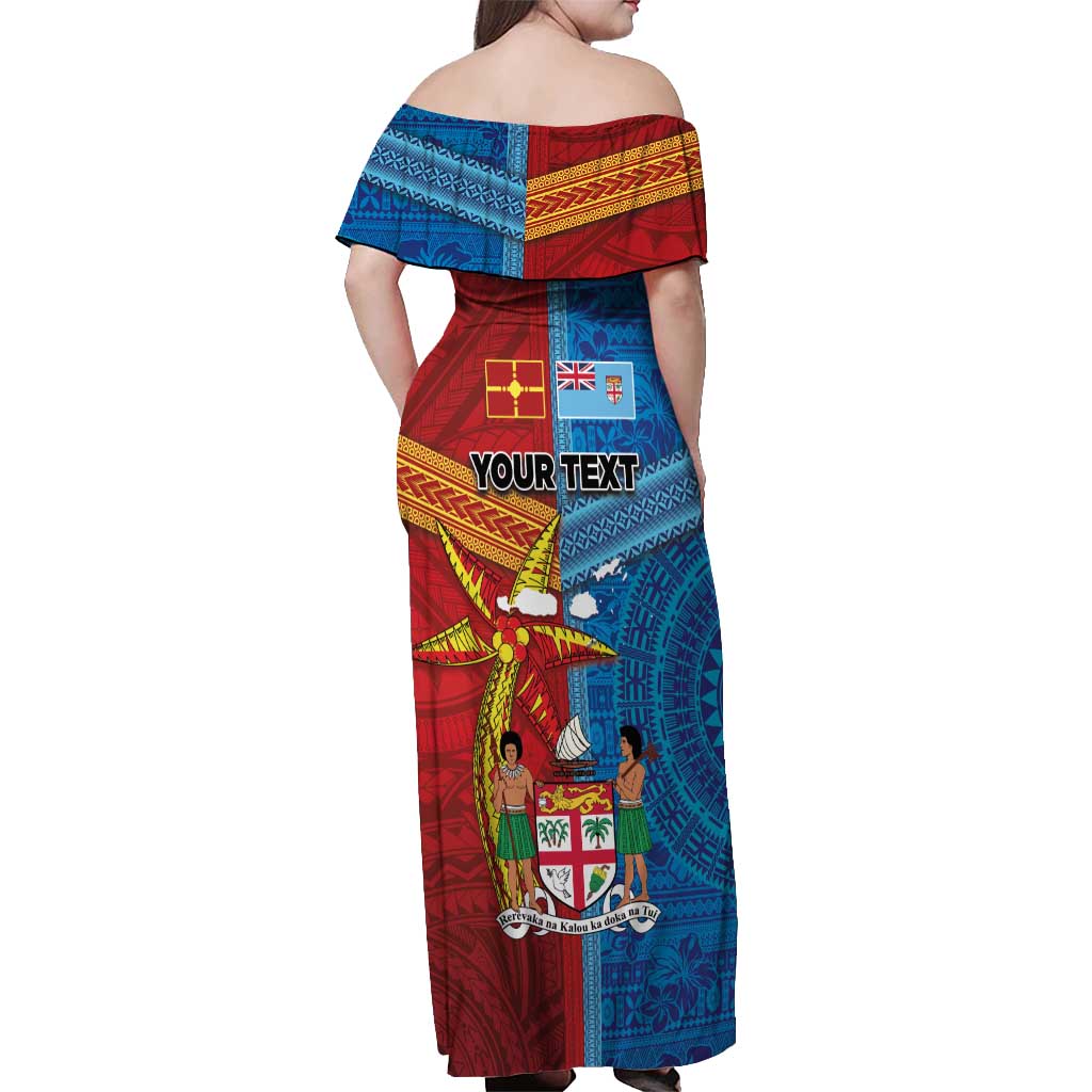 Personalised Fiji and Rotuma Together Off Shoulder Maxi Dress Tapa and Pacific Art Pattern with Cultural Emblems Half Style