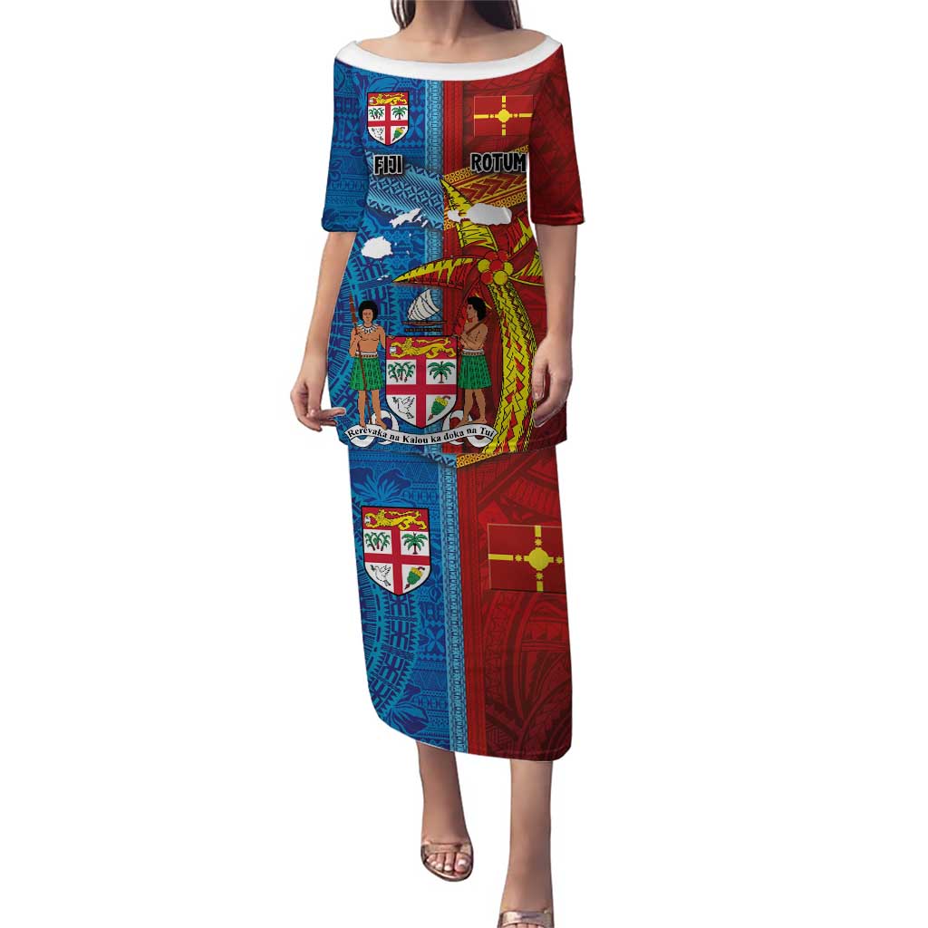 Personalised Fiji and Rotuma Together Puletasi Tapa and Pacific Art Pattern with Cultural Emblems Half Style