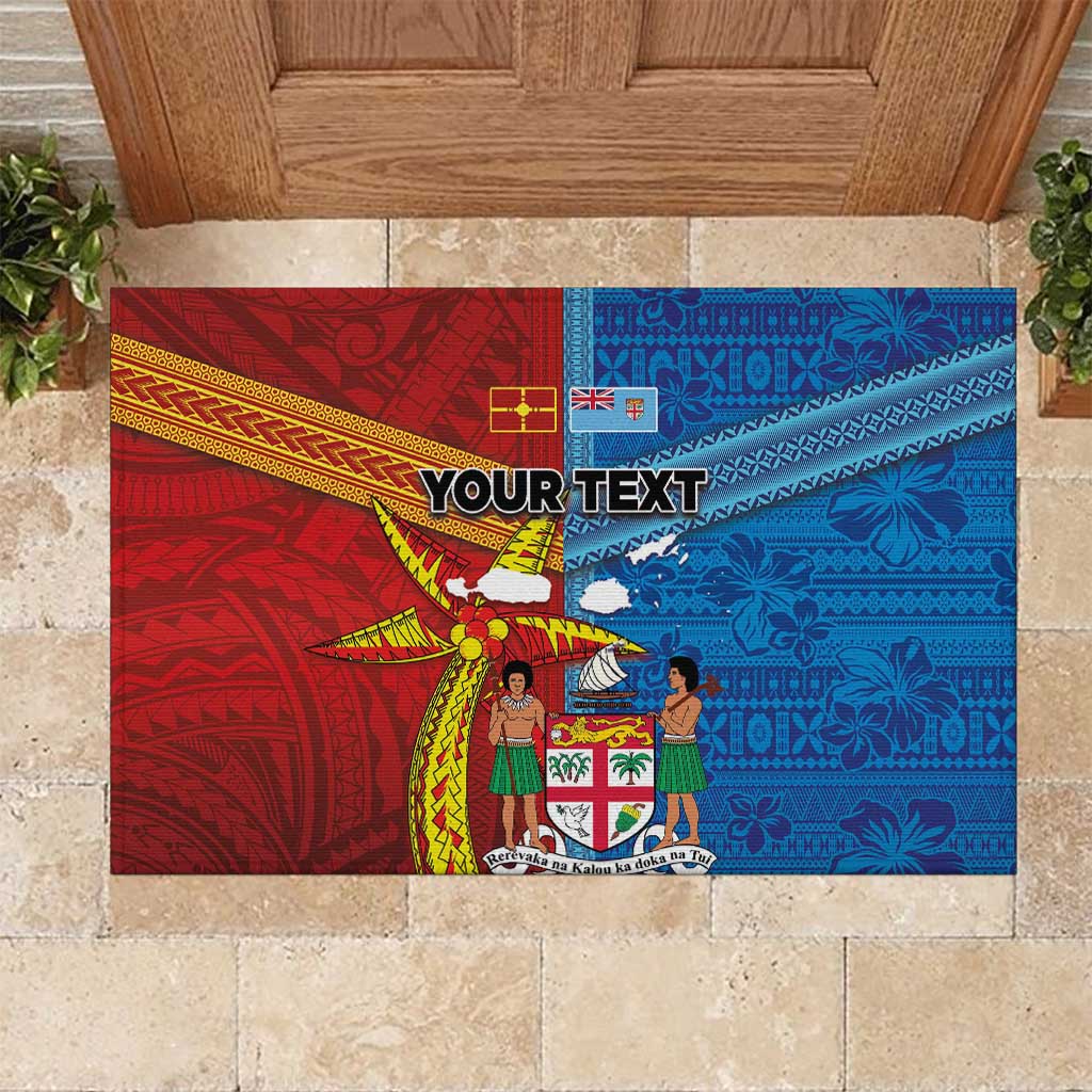 Personalised Fiji and Rotuma Together Rubber Doormat Tapa and Pacific Art Pattern with Cultural Emblems Half Style