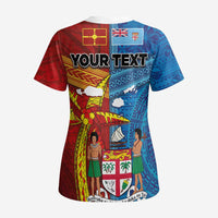 Personalised Fiji and Rotuma Together Scrub Top Tapa and Pacific Art Pattern with Cultural Emblems Half Style - Polynesian Pride