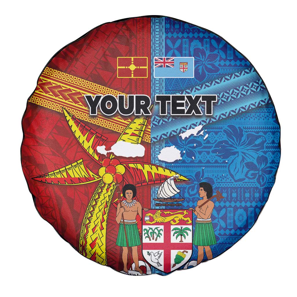 Personalised Fiji and Rotuma Together Spare Tire Cover Tapa and Pacific Art Pattern with Cultural Emblems Half Style