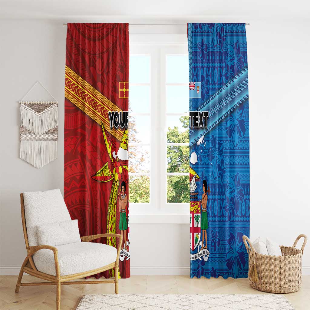 Personalised Fiji and Rotuma Together Window Curtain Tapa and Pacific Art Pattern with Cultural Emblems Half Style
