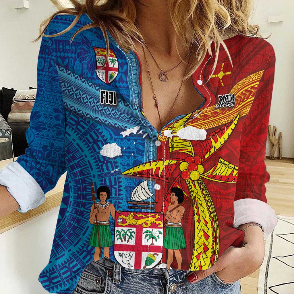 Personalised Fiji and Rotuma Together Women Casual Shirt Tapa and Pacific Art Pattern with Cultural Emblems Half Style