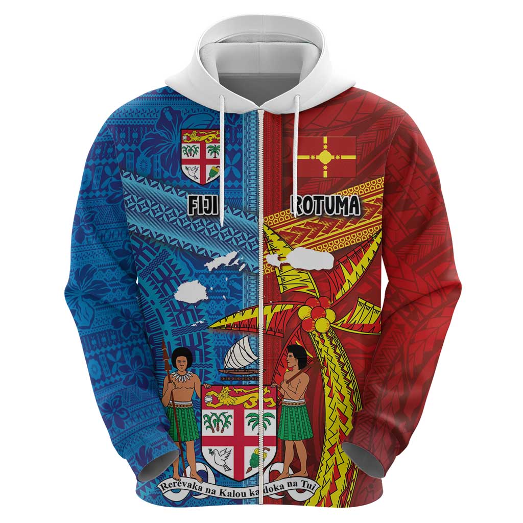 Personalised Fiji and Rotuma Together Zip Hoodie Tapa and Pacific Art Pattern with Cultural Emblems Half Style