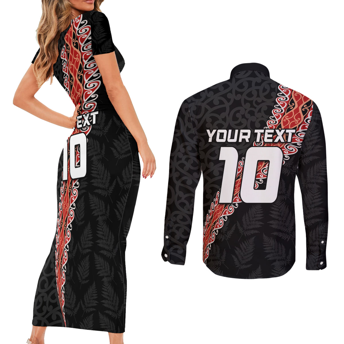 Custom New Zealand Rugby Couples Matching Short Sleeve Bodycon Dress and Long Sleeve Button Shirt Maori and Silver Fern Half Style