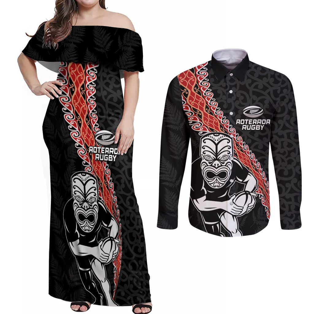 New Zealand Maori Warrior Rugby Couples Matching Off Shoulder Maxi Dress and Long Sleeve Button Shirt Maori and Silver Fern Half Style