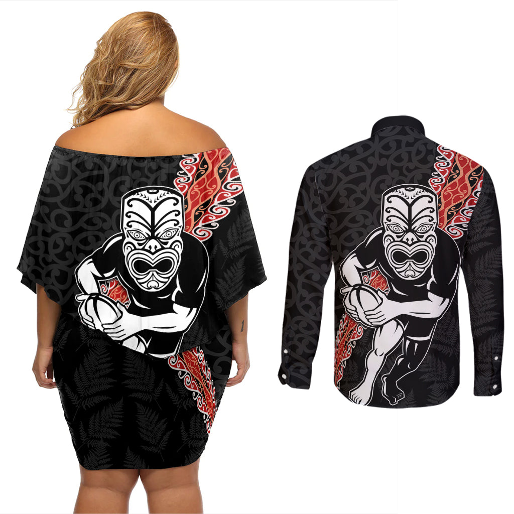 New Zealand Maori Warrior Rugby Couples Matching Off Shoulder Short Dress and Long Sleeve Button Shirt Maori and Silver Fern Half Style