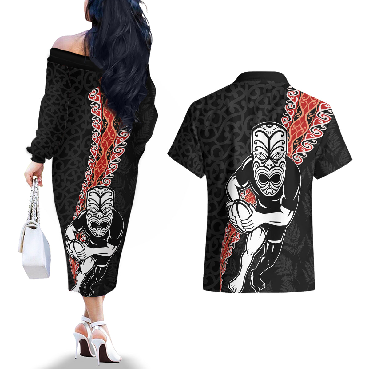 New Zealand Maori Warrior Rugby Couples Matching Off The Shoulder Long Sleeve Dress and Hawaiian Shirt Maori and Silver Fern Half Style