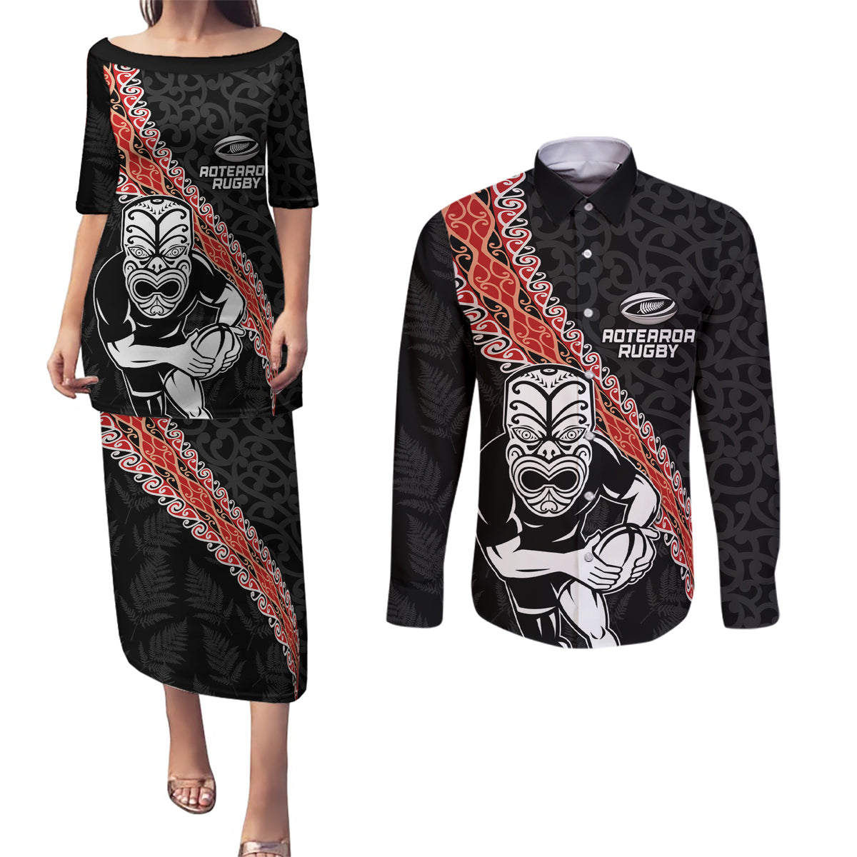 New Zealand Maori Warrior Rugby Couples Matching Puletasi and Long Sleeve Button Shirt Maori and Silver Fern Half Style