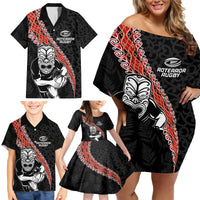 New Zealand Maori Warrior Rugby Family Matching Off Shoulder Short Dress and Hawaiian Shirt Maori and Silver Fern Half Style