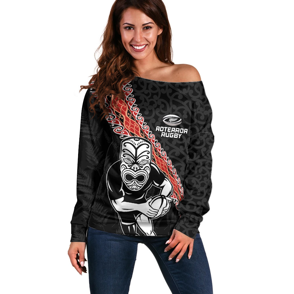 New Zealand Maori Warrior Rugby Off Shoulder Sweater Maori and Silver Fern Half Style