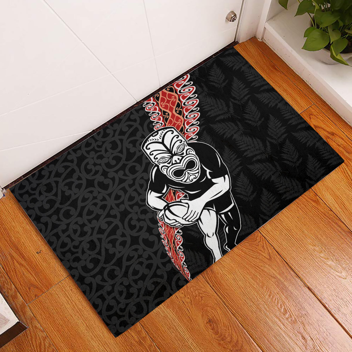 New Zealand Maori Warrior Rugby Rubber Doormat Maori and Silver Fern Half Style