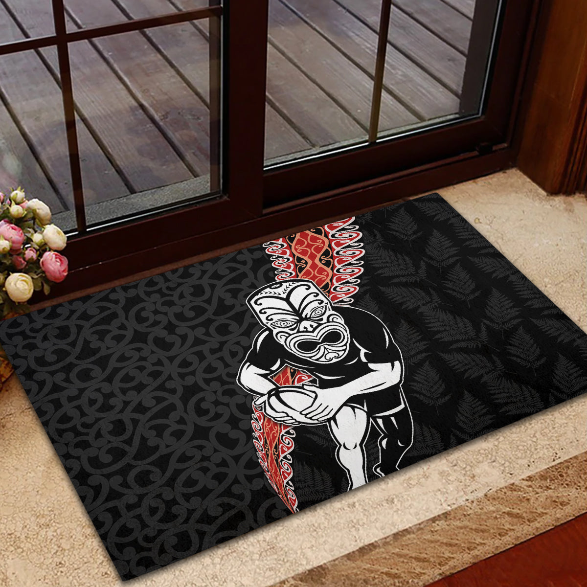 New Zealand Maori Warrior Rugby Rubber Doormat Maori and Silver Fern Half Style