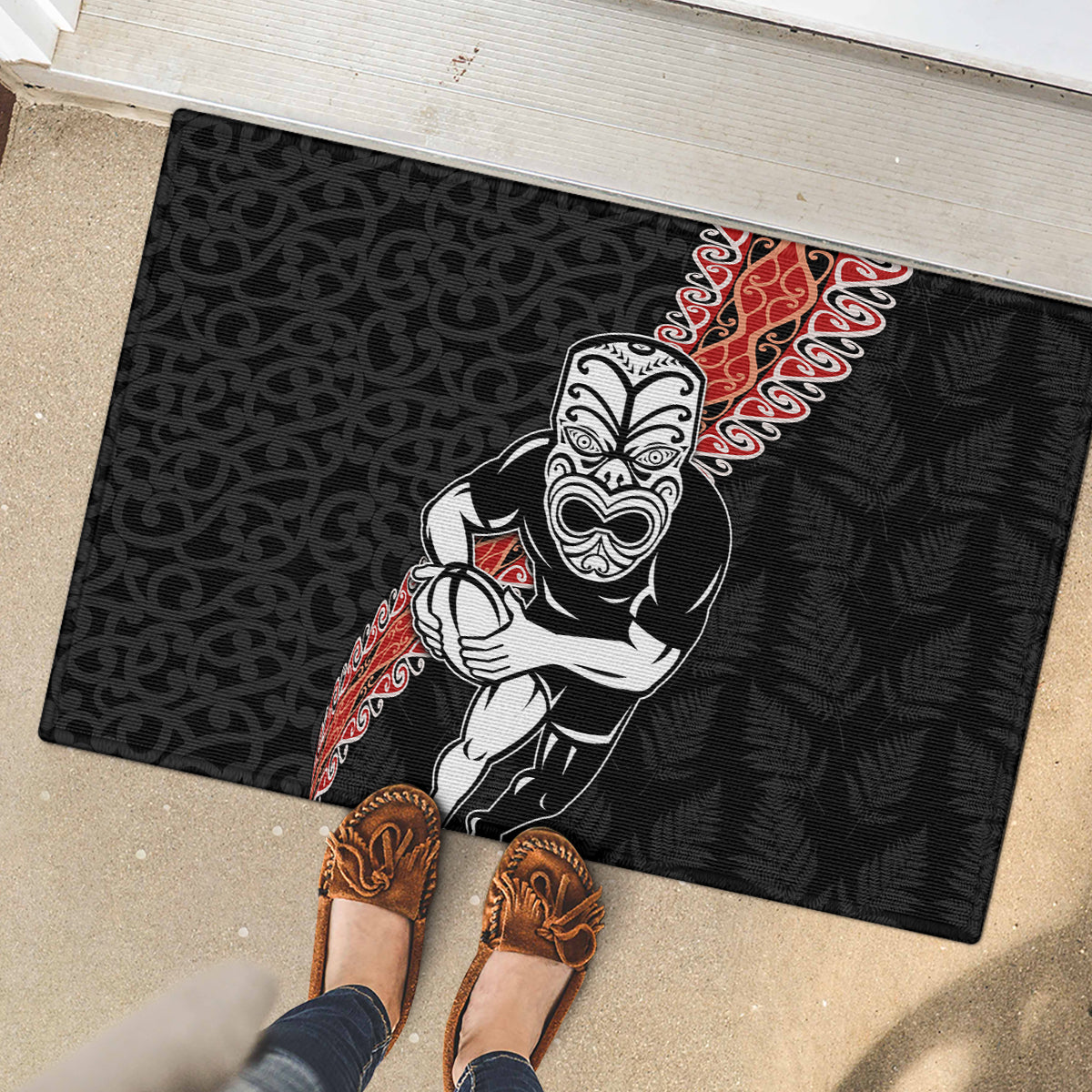 New Zealand Maori Warrior Rugby Rubber Doormat Maori and Silver Fern Half Style
