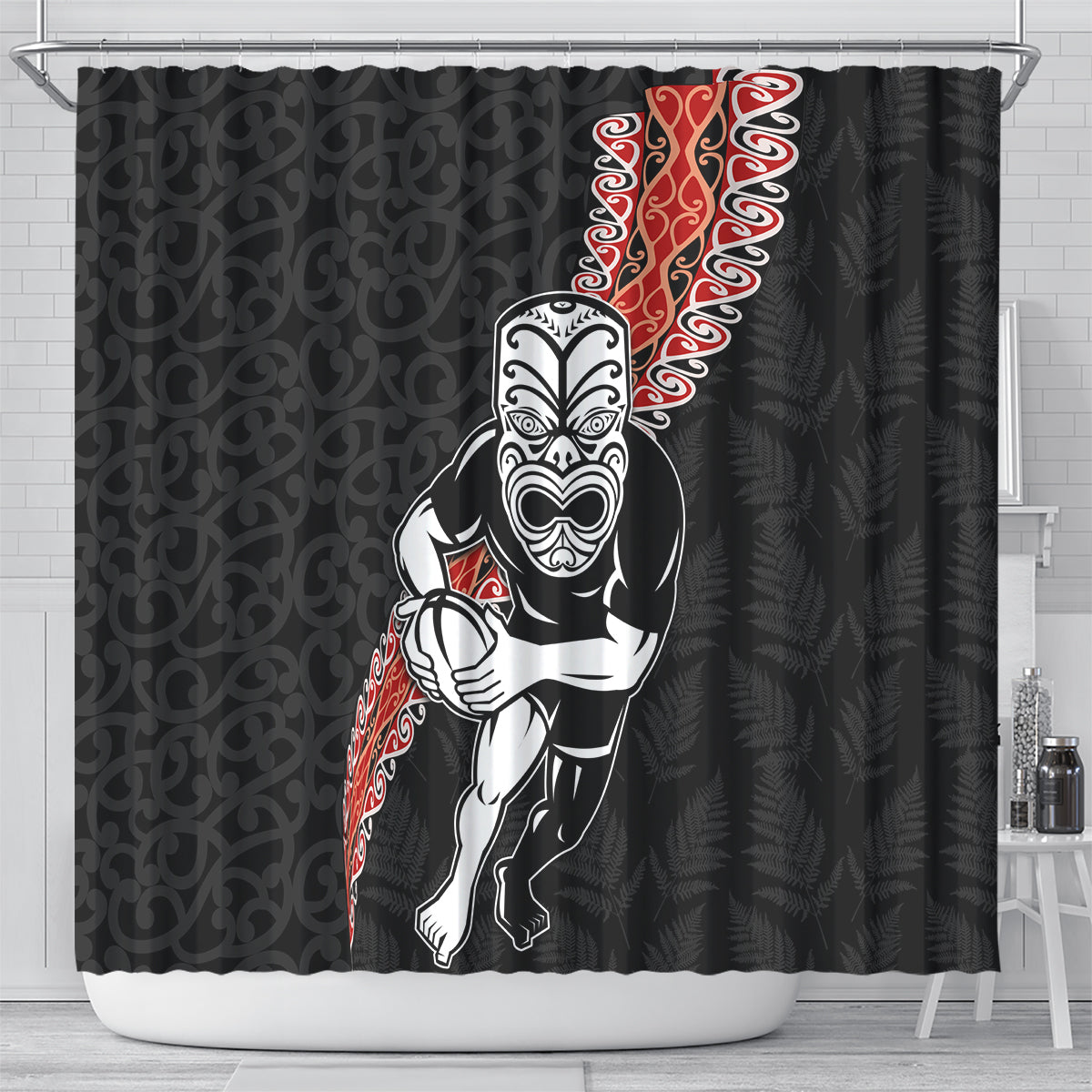 New Zealand Maori Warrior Rugby Shower Curtain Maori and Silver Fern Half Style