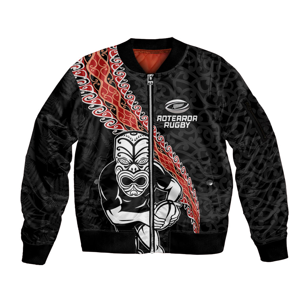 New Zealand Maori Warrior Rugby Sleeve Zip Bomber Jacket Maori and Silver Fern Half Style