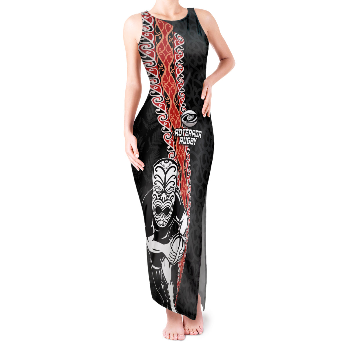 New Zealand Maori Warrior Rugby Tank Maxi Dress Maori and Silver Fern Half Style