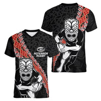 New Zealand Maori Warrior Rugby Women V-Neck T-Shirt Maori and Silver Fern Half Style