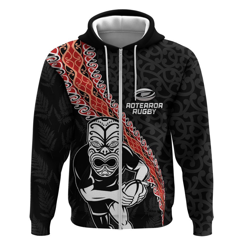 New Zealand Maori Warrior Rugby Zip Hoodie Maori and Silver Fern Half Style