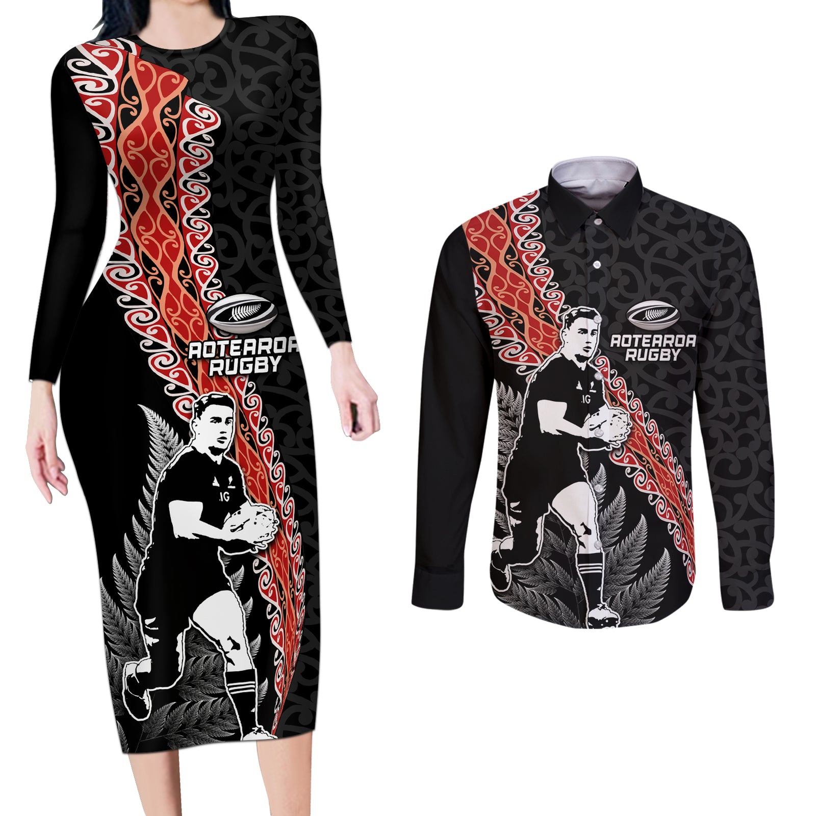 New Zealand Maori Rugby Player Couples Matching Long Sleeve Bodycon Dress and Long Sleeve Button Shirt Maori and Silver Fern Half Style