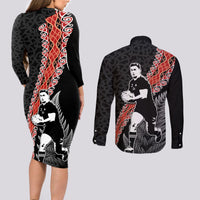 New Zealand Maori Rugby Player Couples Matching Long Sleeve Bodycon Dress and Long Sleeve Button Shirt Maori and Silver Fern Half Style