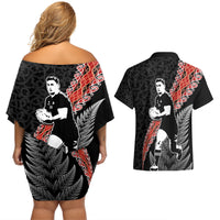 New Zealand Maori Rugby Player Couples Matching Off Shoulder Short Dress and Hawaiian Shirt Maori and Silver Fern Half Style