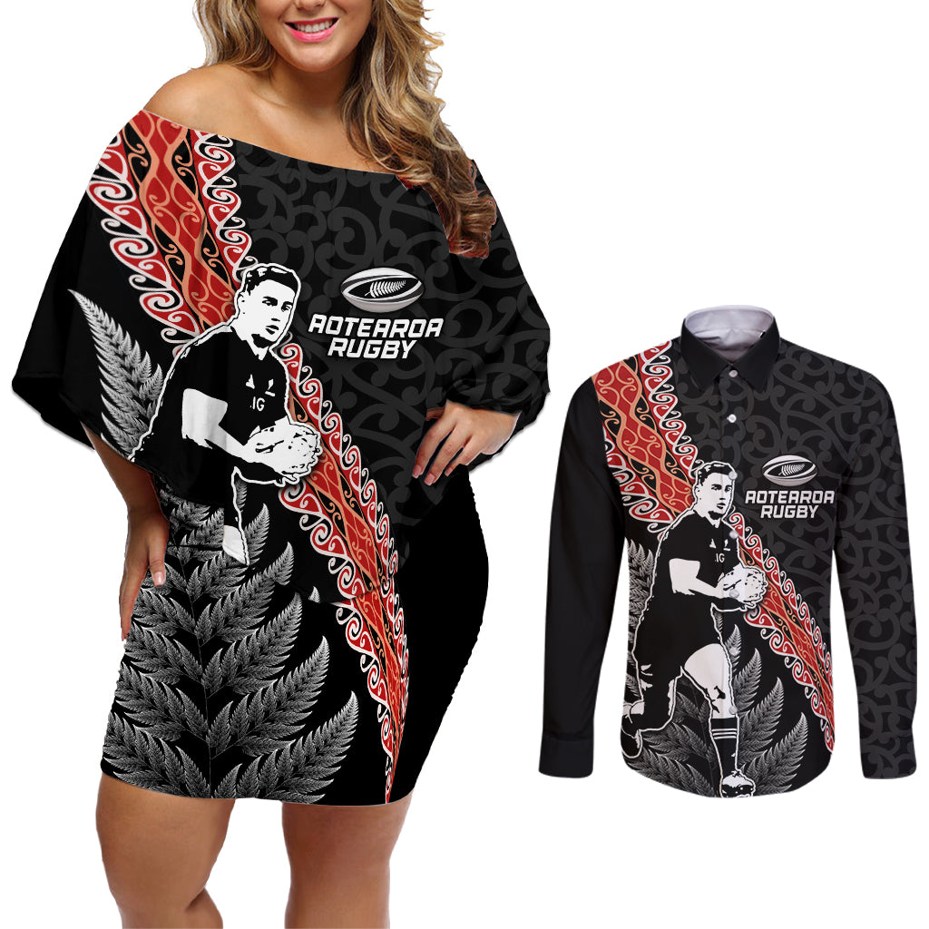 New Zealand Maori Rugby Player Couples Matching Off Shoulder Short Dress and Long Sleeve Button Shirt Maori and Silver Fern Half Style