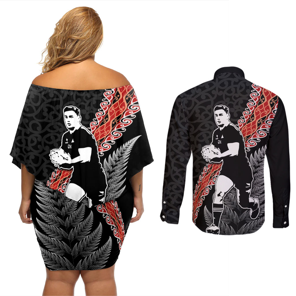 New Zealand Maori Rugby Player Couples Matching Off Shoulder Short Dress and Long Sleeve Button Shirt Maori and Silver Fern Half Style
