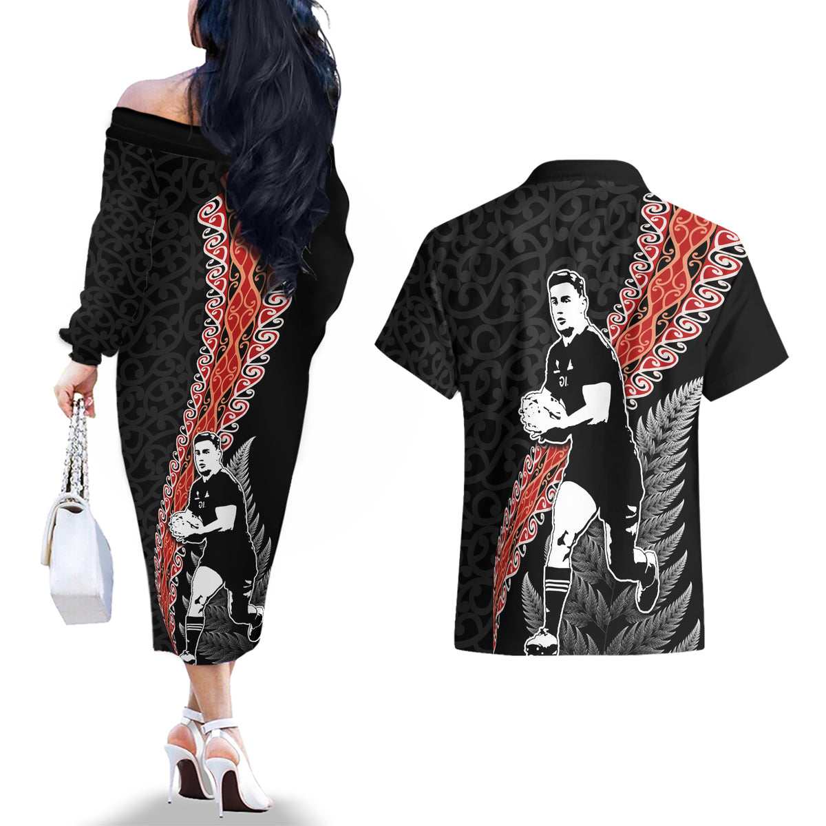 New Zealand Maori Rugby Player Couples Matching Off The Shoulder Long Sleeve Dress and Hawaiian Shirt Maori and Silver Fern Half Style