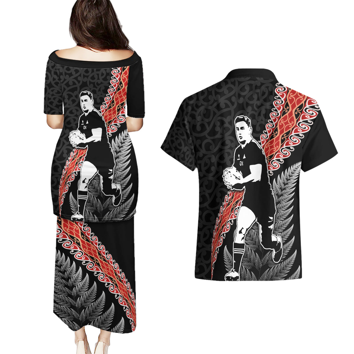New Zealand Maori Rugby Player Couples Matching Puletasi and Hawaiian Shirt Maori and Silver Fern Half Style