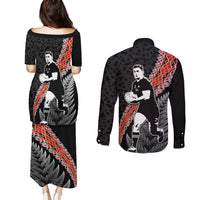 New Zealand Maori Rugby Player Couples Matching Puletasi and Long Sleeve Button Shirt Maori and Silver Fern Half Style