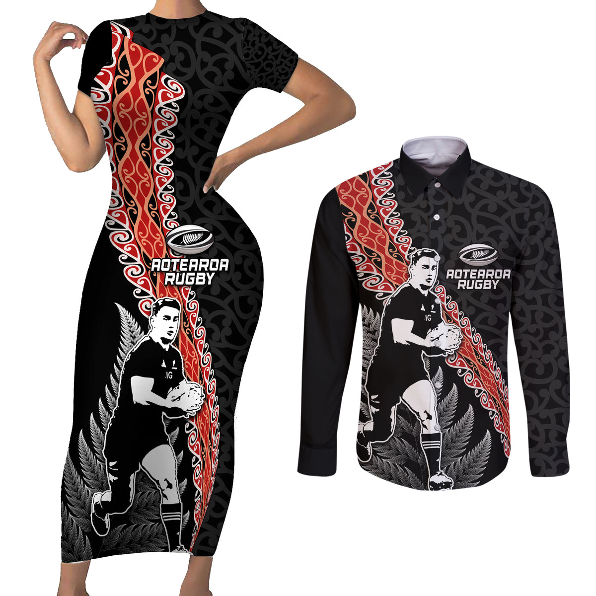 New Zealand Maori Rugby Player Couples Matching Short Sleeve Bodycon Dress and Long Sleeve Button Shirt Maori and Silver Fern Half Style
