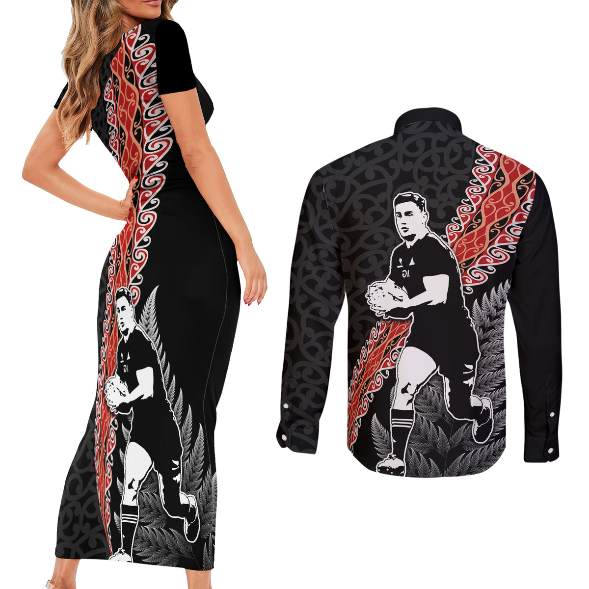 New Zealand Maori Rugby Player Couples Matching Short Sleeve Bodycon Dress and Long Sleeve Button Shirt Maori and Silver Fern Half Style