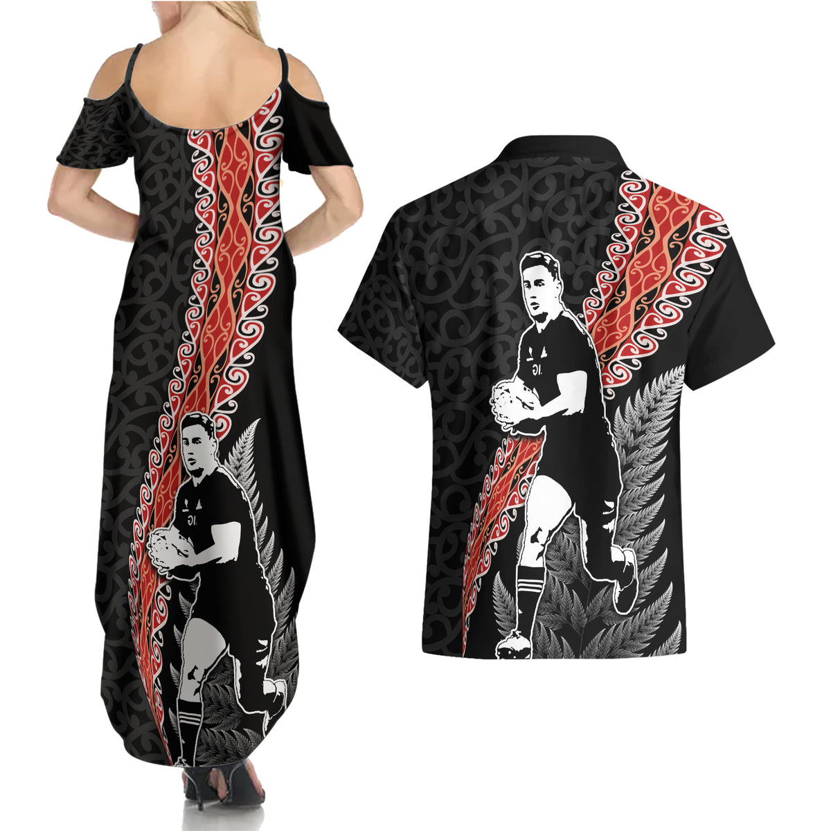 New Zealand Maori Rugby Player Couples Matching Summer Maxi Dress and Hawaiian Shirt Maori and Silver Fern Half Style