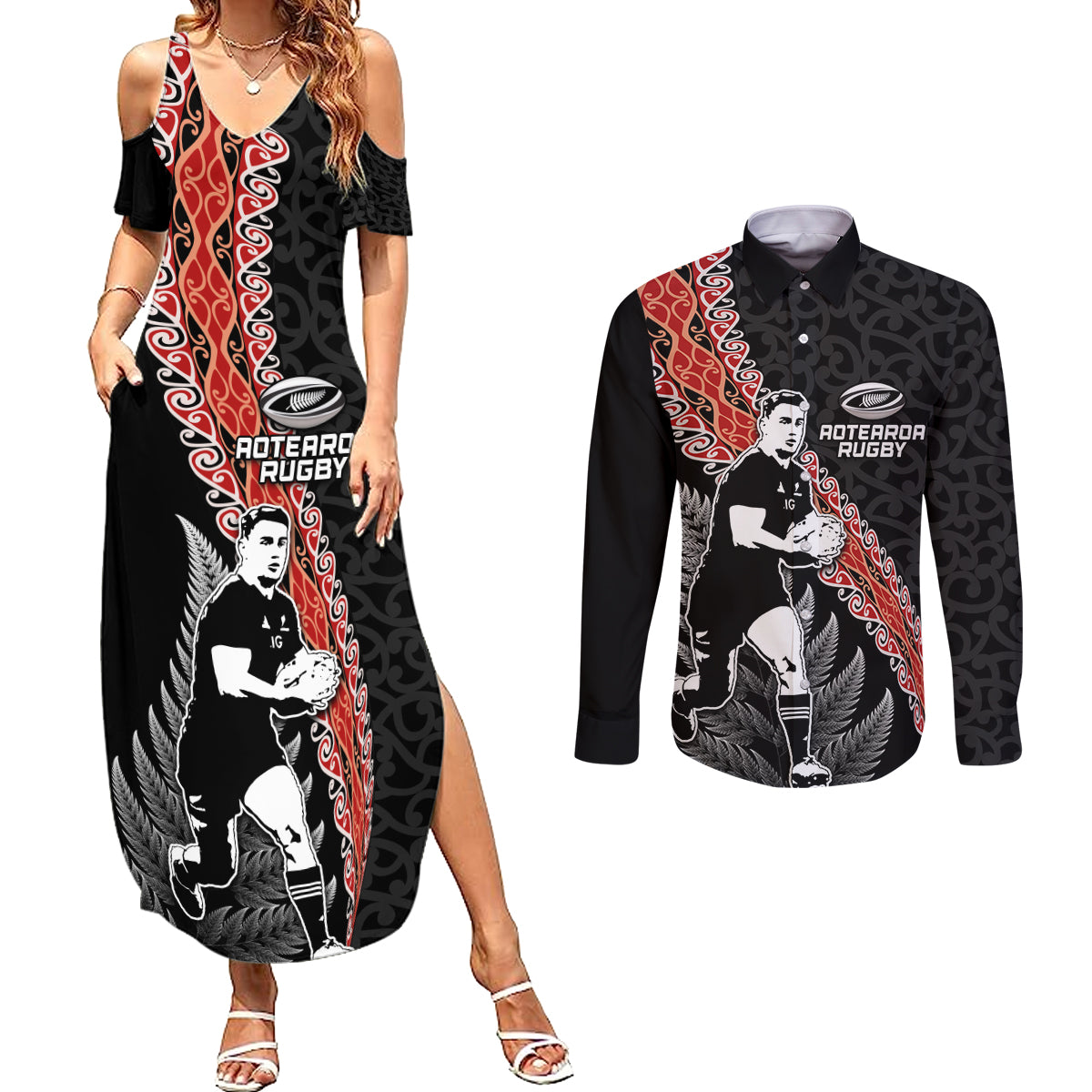 New Zealand Maori Rugby Player Couples Matching Summer Maxi Dress and Long Sleeve Button Shirt Maori and Silver Fern Half Style
