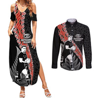 New Zealand Maori Rugby Player Couples Matching Summer Maxi Dress and Long Sleeve Button Shirt Maori and Silver Fern Half Style