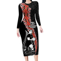 New Zealand Maori Rugby Player Family Matching Long Sleeve Bodycon Dress and Hawaiian Shirt Maori and Silver Fern Half Style