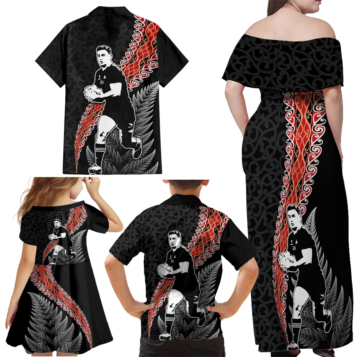 New Zealand Maori Rugby Player Family Matching Off Shoulder Maxi Dress and Hawaiian Shirt Maori and Silver Fern Half Style