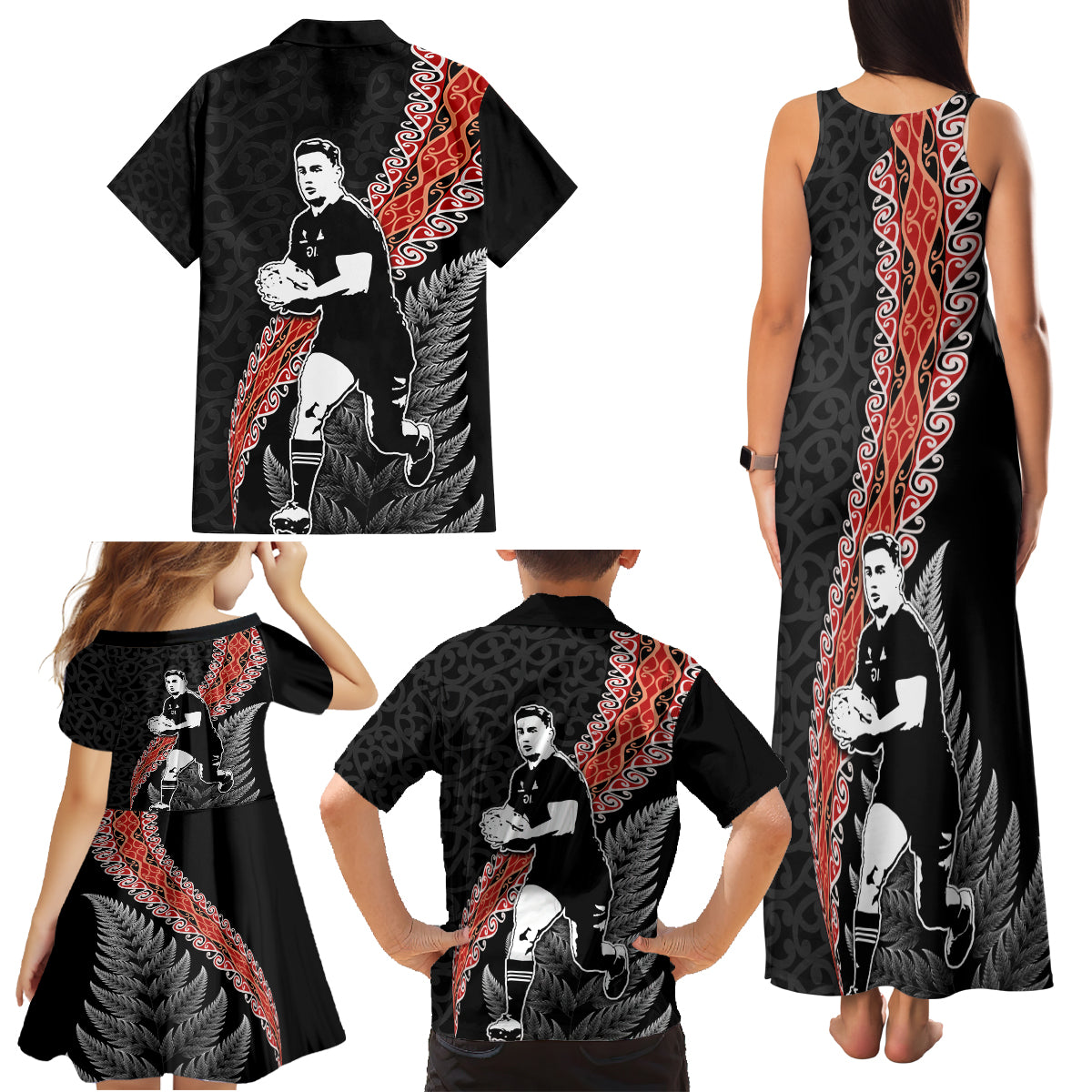 New Zealand Maori Rugby Player Family Matching Tank Maxi Dress and Hawaiian Shirt Maori and Silver Fern Half Style