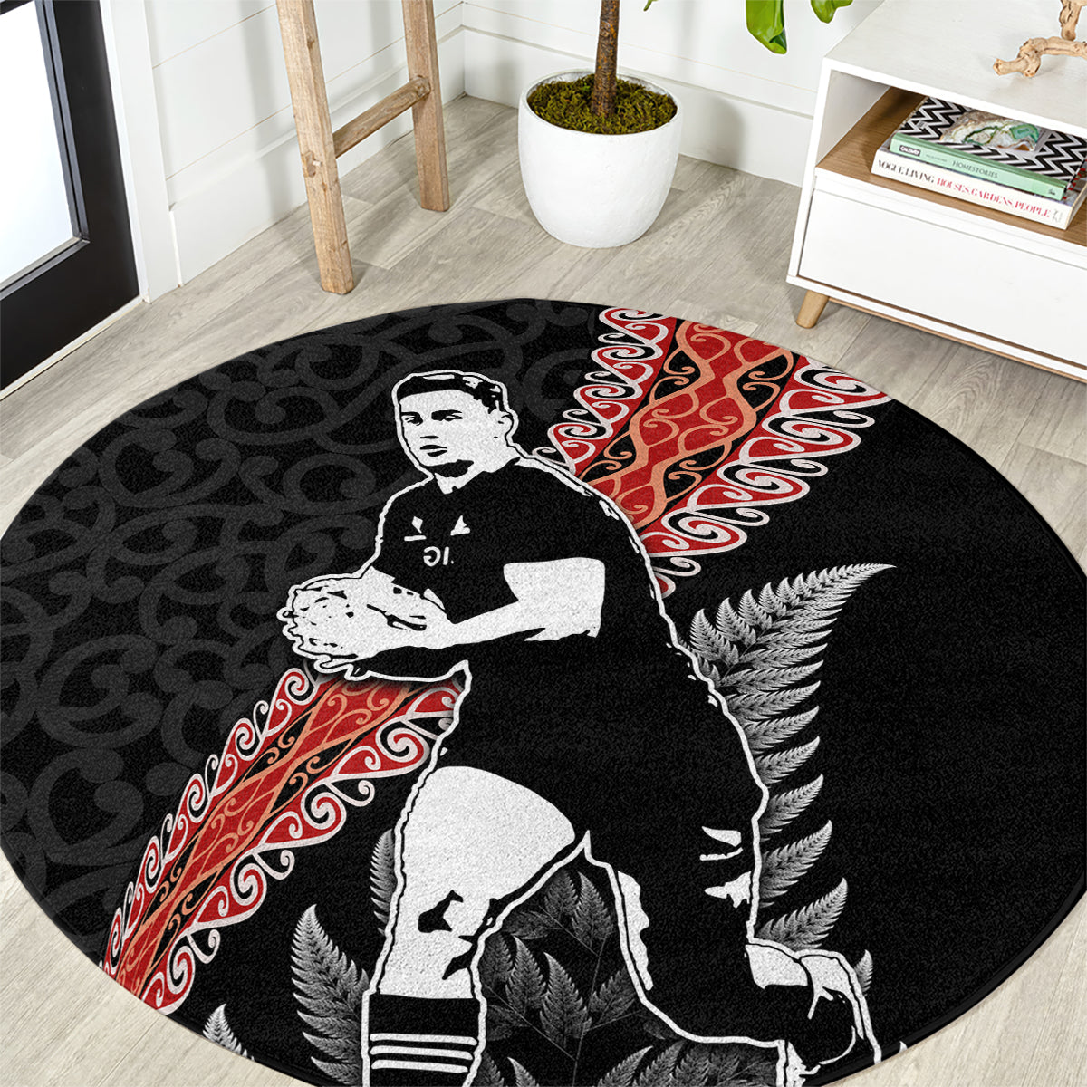 New Zealand Maori Rugby Player Round Carpet Maori and Silver Fern Half Style