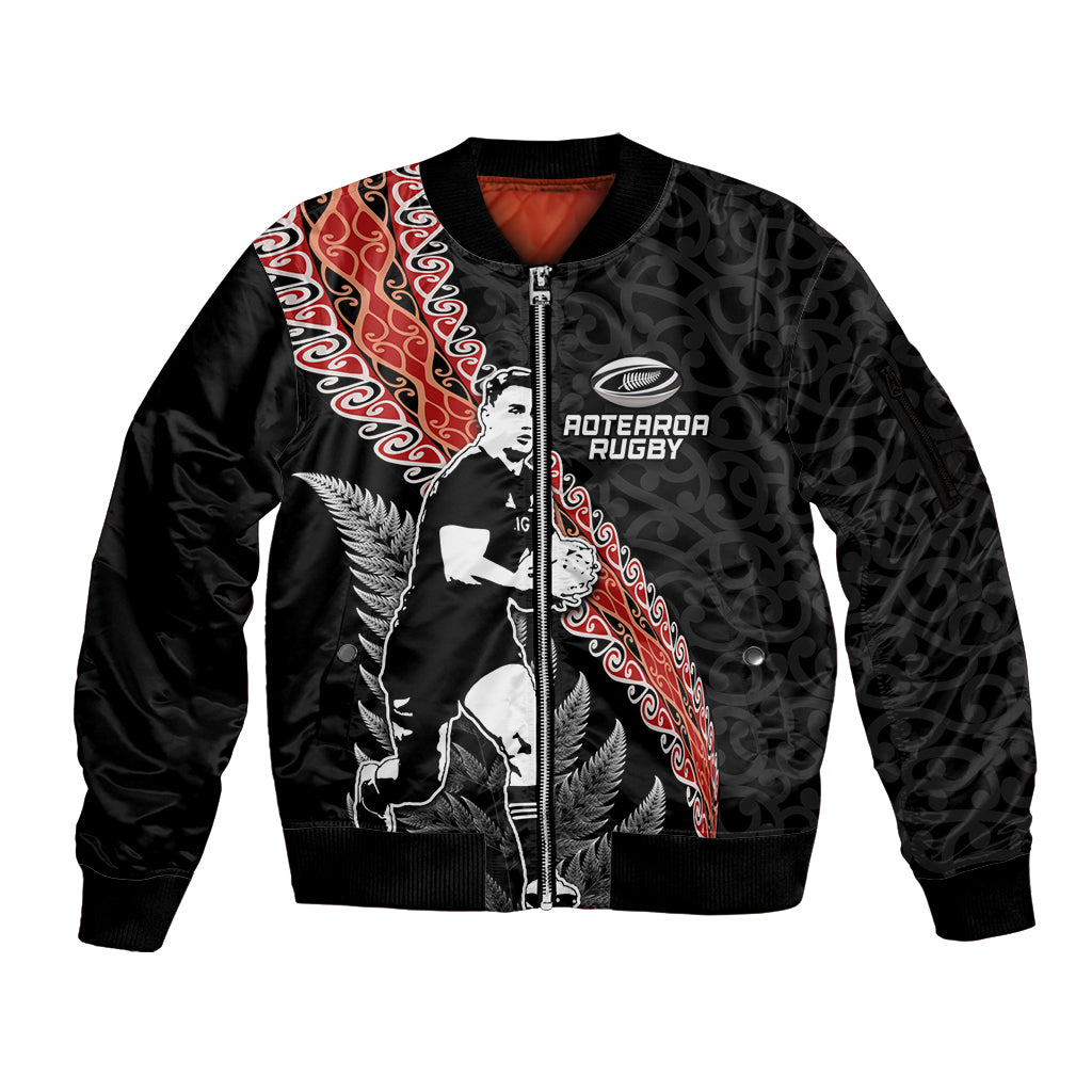 New Zealand Maori Rugby Player Sleeve Zip Bomber Jacket Maori and Silver Fern Half Style