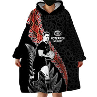 New Zealand Maori Rugby Player Wearable Blanket Hoodie Maori and Silver Fern Half Style