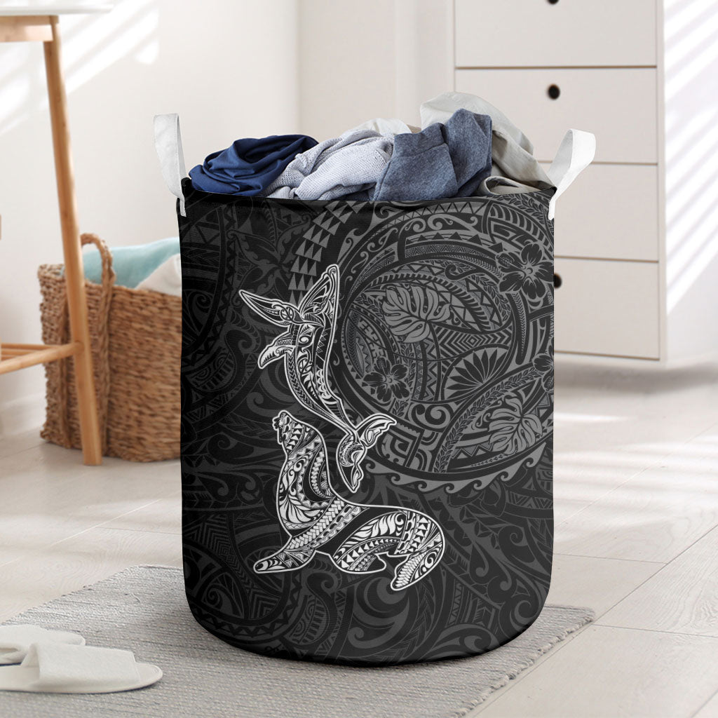 Hawaiian Monk Seal and Whale Laundry Basket Kakau Tribal Pattern Grayscale LT03 Black - Polynesian Pride
