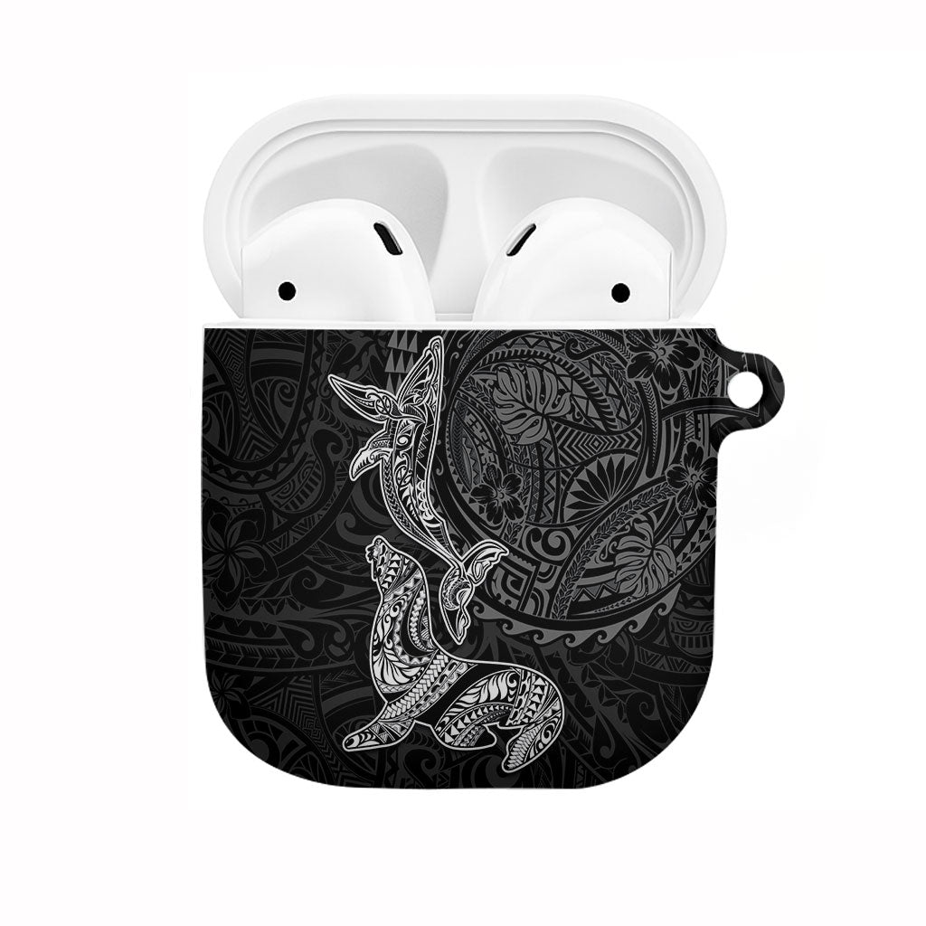 Hawaiian Monk Seal and Whale AirPods Case Kakau Tribal Pattern Grayscale LT03 Black - Polynesian Pride