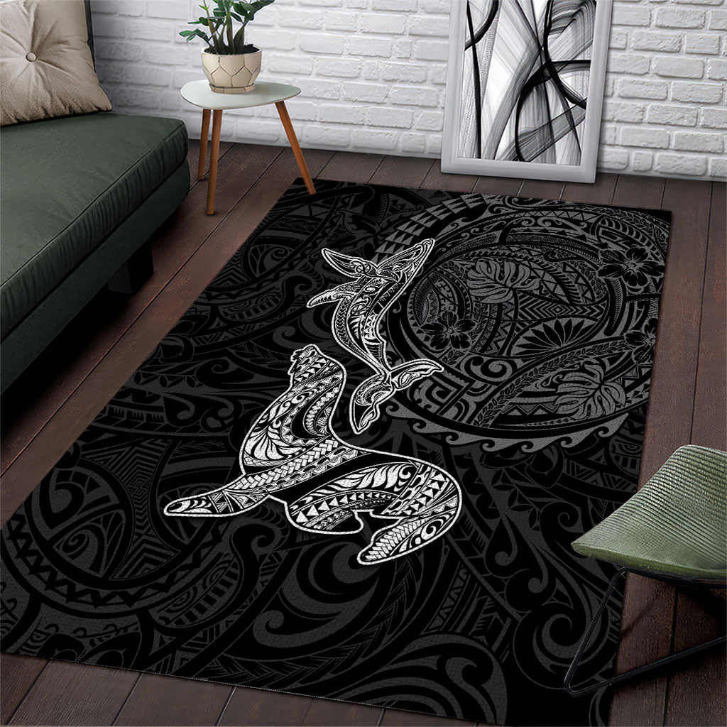 Hawaiian Monk Seal and Whale Area Rug Kakau Tribal Pattern Grayscale