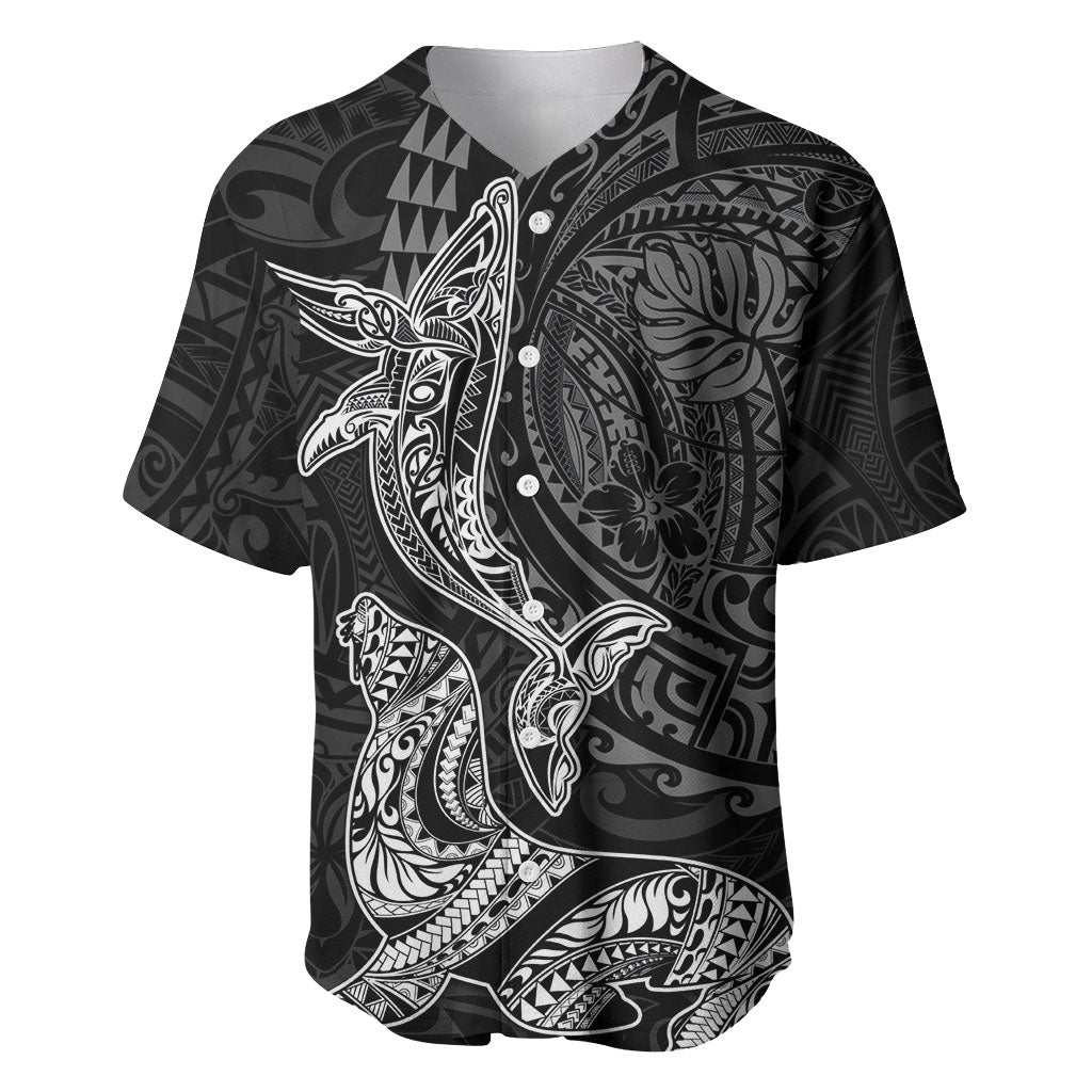 Hawaiian Monk Seal and Whale Baseball Jersey Kakau Tribal Pattern Grayscale LT03 Black - Polynesian Pride