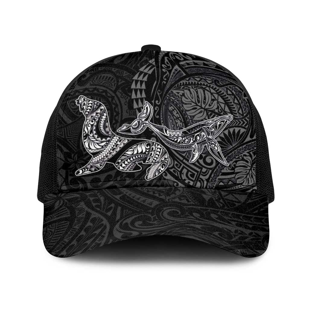 Hawaiian Monk Seal and Whale Baseball Net Cap Kakau Tribal Pattern Grayscale LT03 One Size Black Black - Polynesian Pride